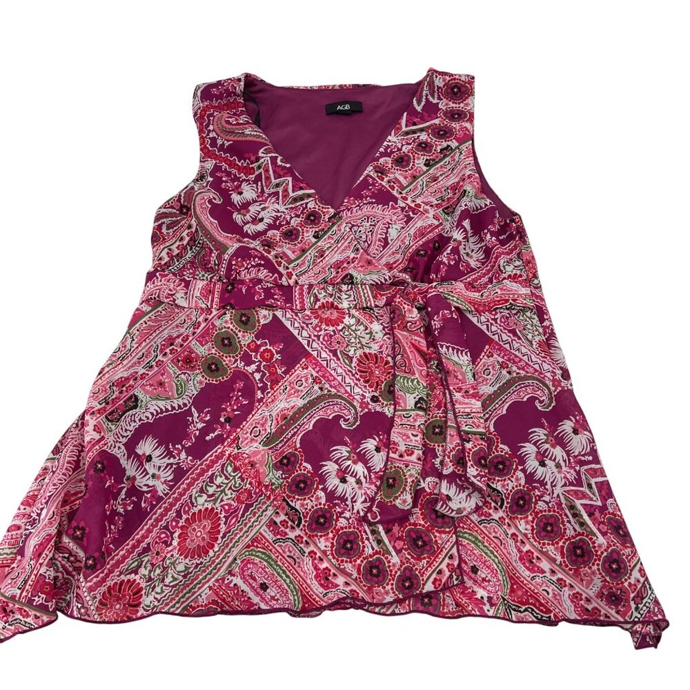 AGB Women's Pink Paisley Sleeveless Wrap Top XL y2k flowy tie‎ waist
